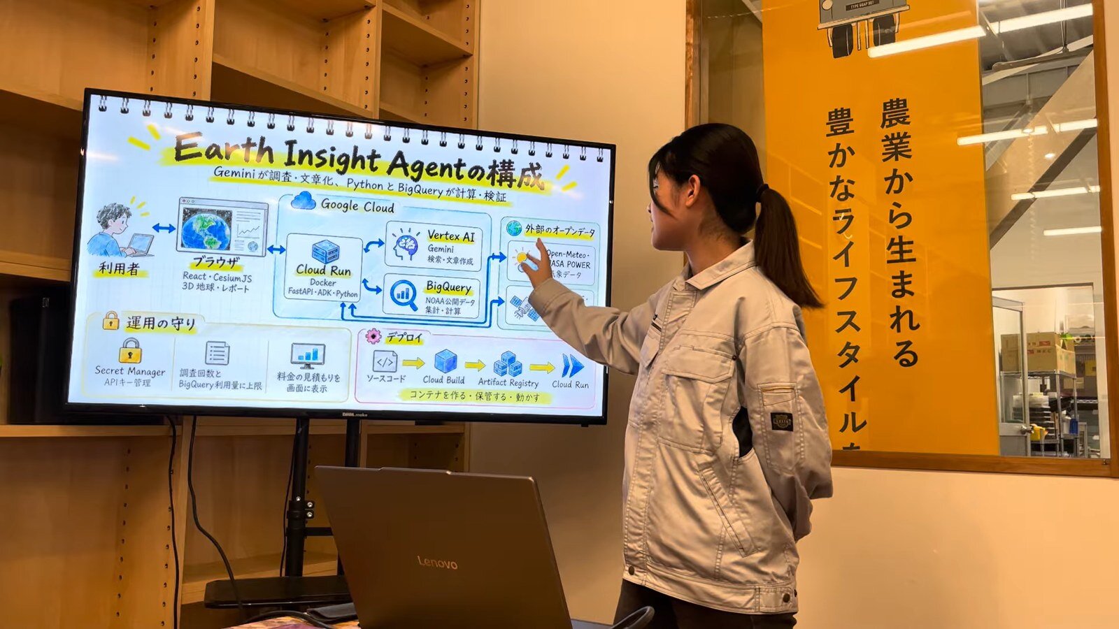 モニターに映した Earth Insight Agent の構成図を指さして説明している様子