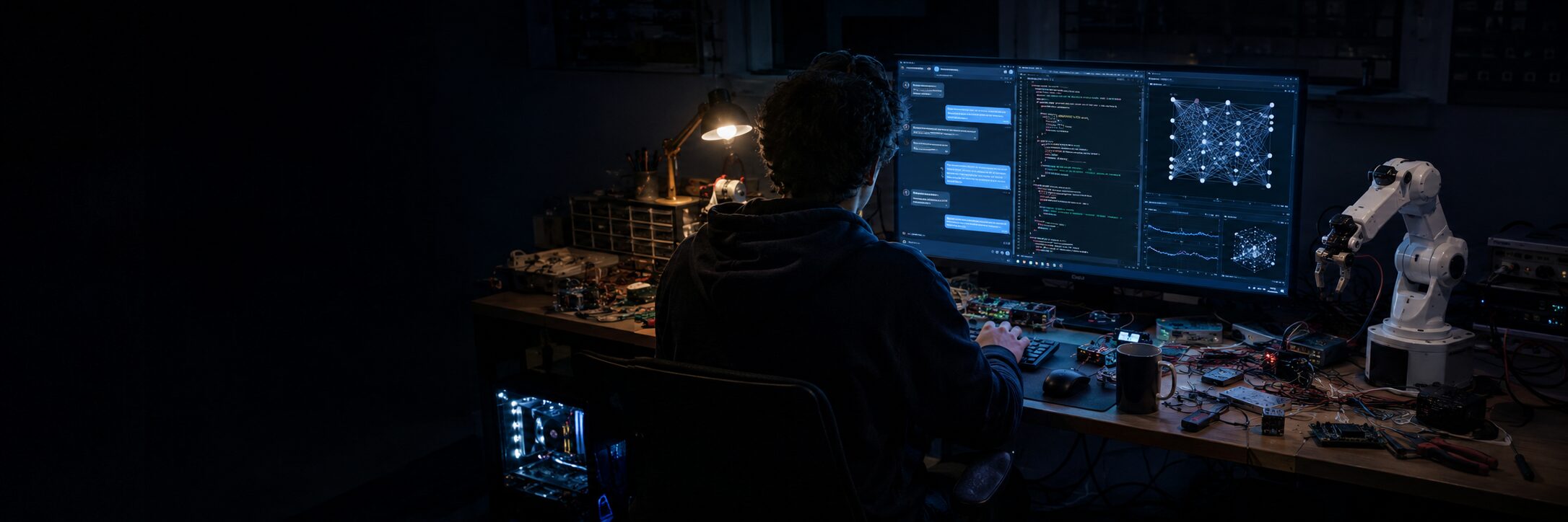 夜の開発スタジオでAIとロボットを使って作業する実習生